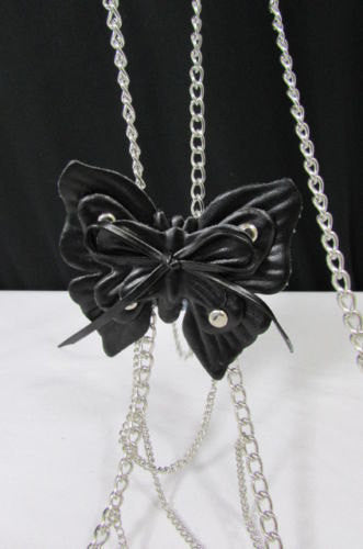 New Women Silver Metal Body Chain Fashion Jewelry Faux Leather Black Butterfly Center Long Necklace - alwaystyle4you - 2