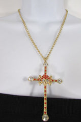 New Women Big Cross Metal Chain Fashion Necklace Gold / Silver / Pewter Rhinestone Pendant - alwaystyle4you - 3