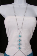 New Women Silver Body Chain Long Necklace 4 Big Turquoise Blue Balls Fashion Jewelry - alwaystyle4you - 3