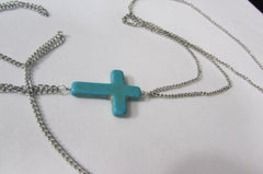 New Women Silver Body Chain Long Necklace Big Turquoise Blue Cross Fashion Jewelry - alwaystyle4you - 3