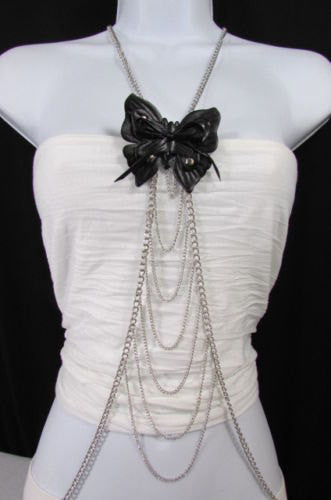 Silver Metal Body Chain Faux Leather Black Butterfly Center Long Necklace New Women Accessories