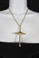 Women Big Cross Metal Chain Fashion Necklace Gold / Silver / Pewter Rhinestone Pendant - alwaystyle4you - 1