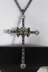 New Women Big Cross Metal Chain Fashion Necklace Gold / Silver / Pewter Rhinestone Pendant - alwaystyle4you - 4
