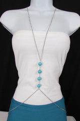Women Silver Body Chain Long Necklace 4 Big Turquoise Blue Balls Fashion Jewelry - alwaystyle4you - 1