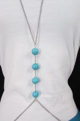 New Women Silver Body Chain Long Necklace 4 Big Turquoise Blue Balls Fashion Jewelry - alwaystyle4you - 2