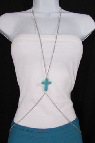 Women Silver Body Chain Long Necklace Big Turquoise Blue Cross Fashion Jewelry - alwaystyle4you - 1