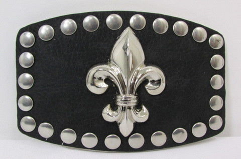 Men Women Black Faux Leather Silver Metal Fluer De Lis Western New Fashion Buckle - alwaystyle4you - 1