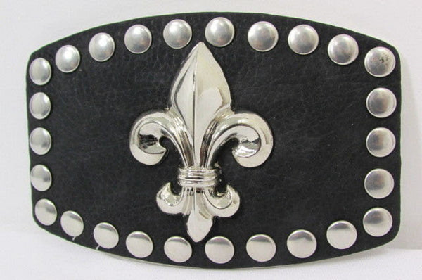 Black Faux Leather Silver Metal Fluer De Lis Western Belt Buckle Men Women Accessories