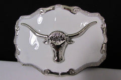 New Men White Metal Cowboy Western Fashion Big Buckle Silver Bull Head 3D Face - alwaystyle4you - 4
