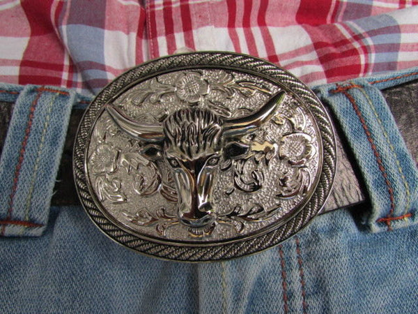 Men Women Cowboy Western Rodeo Belt Big Metal Oval Buckle Silver Bull Head 3D Face - alwaystyle4you - 2