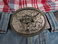 Men Women Cowboy Western Rodeo Belt Big Metal Oval Buckle Silver Bull Head 3D Face - alwaystyle4you - 2