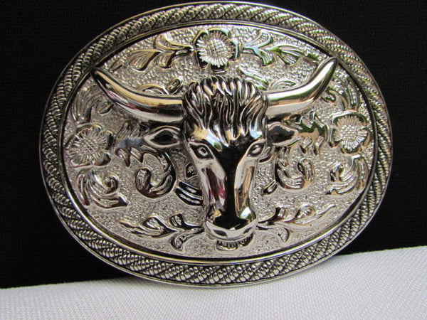 Men Women Cowboy Western Rodeo Belt Big Metal Oval Buckle Silver Bull Head 3D Face - alwaystyle4you - 1