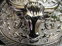 Men Women Cowboy Western Rodeo Belt Big Metal Oval Buckle Silver Bull Head 3D Face - alwaystyle4you - 3