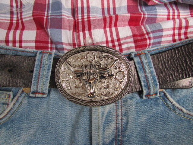 Men Women Cowboy Western Rodeo Belt Big Metal Oval Buckle Silver Bull Head 3D Face - alwaystyle4you - 5