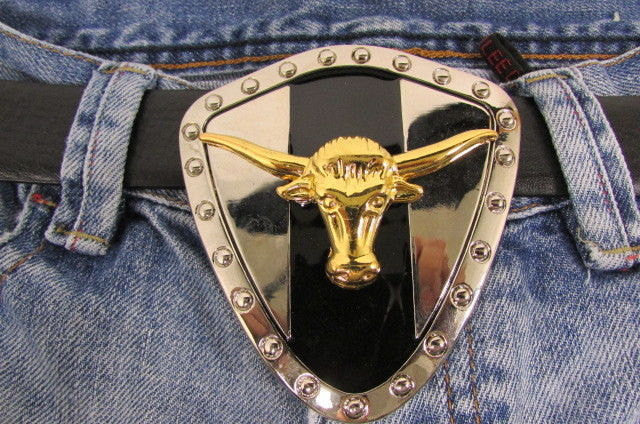 New Men Silver Metal Shield Plate Cowboy Western Fashion Large Buckle Gold 3D Bull Head - alwaystyle4you - 1