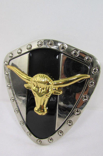 New Men Silver Metal Shield Plate Cowboy Western Fashion Large Buckle Gold 3D Bull Head - alwaystyle4you - 5