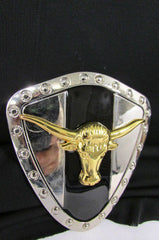 New Men Silver Metal Shield Plate Cowboy Western Fashion Large Buckle Gold 3D Bull Head - alwaystyle4you - 3