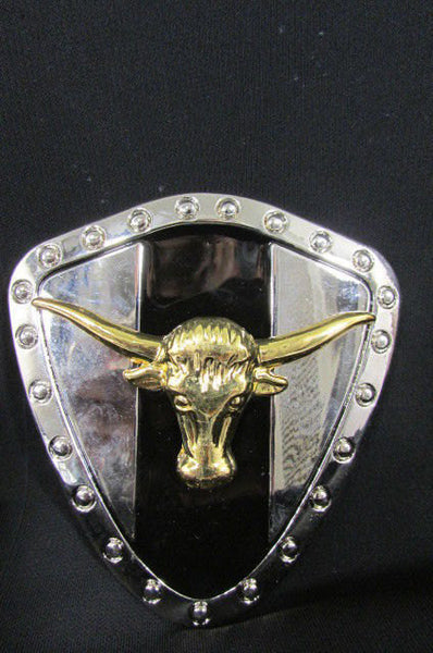 New Men Silver Metal Shield Plate Cowboy Western Fashion Large Buckle Gold 3D Bull Head - alwaystyle4you - 2