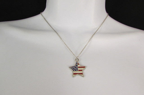 USA American Flag Star/Square/Heart Silver Metal Necklace + Matching Earring Set New Women - alwaystyle4you - 7