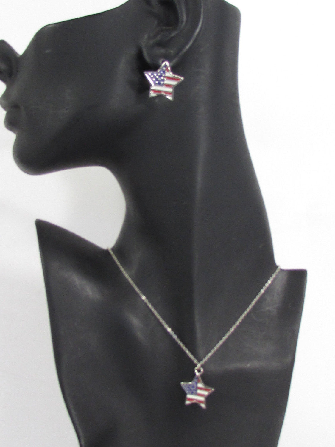 USA American Flag Star/Square/Heart Silver Metal Necklace + Matching Earring Set Women - alwaystyle4you - 1
