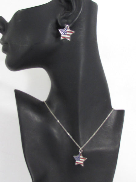 USA American Flag Star/Square/Heart Silver Metal Necklace + Matching Earring Set New Women - alwaystyle4you - 1