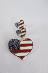 New Women American Flag Heart USA Silver Metal Pin Broach + Matching Earring Set - alwaystyle4you - 4