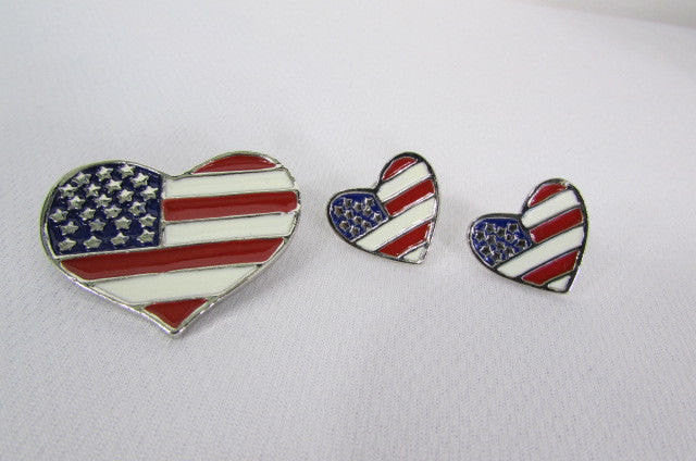 Women American Flag Heart USA Silver Metal Pin Broach + Matching Earring Set - alwaystyle4you - 1