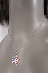 USA American Flag Star/Square/Heart Silver Metal Necklace + Matching Earring Set New Women - alwaystyle4you - 4