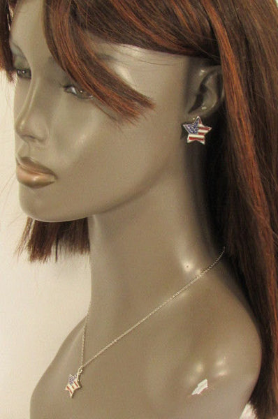 USA American Flag Star/Square/Heart Silver Metal Necklace + Matching Earring Set New Women - alwaystyle4you - 6