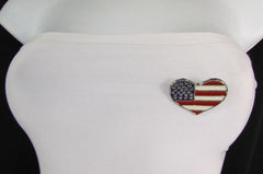 New Women American Flag Heart USA Silver Metal Pin Broach + Matching Earring Set - alwaystyle4you - 2