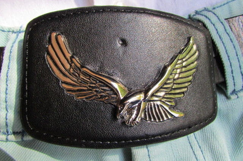 New Men Silver Metal Rodeo Cowboy Western Fashion Flying Eagle Buckle Black Faux Leather - alwaystyle4you - 1