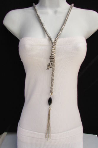 New Women 20" Long Fashion Necklace Silver Metal Snake Chains Belt Black Beads - alwaystyle4you - 5