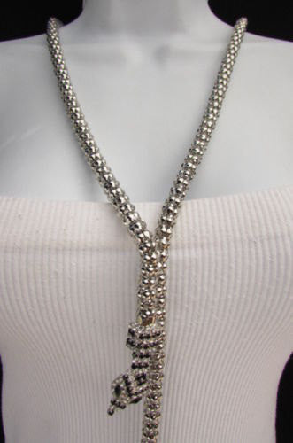New Women 20" Long Fashion Necklace Silver Metal Snake Chains Belt Black Beads - alwaystyle4you - 3