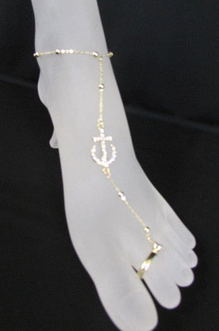New Women Fashion Metal Toe Ring Anklet Gold Big Anchor Foot Chains Nautical Charm Rhinestones Beac Pool Jewelry - alwaystyle4you - 1