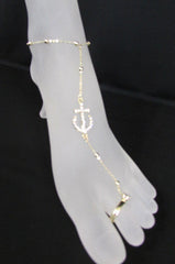 Women Fashion Metal Toe Ring Anklet Gold Big Anchor Foot Chains Nautical Charm Rhinestones Beac Pool Jewelry - alwaystyle4you - 1