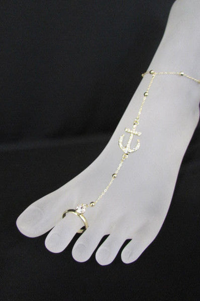 New Women Fashion Metal Toe Ring Anklet Gold Big Anchor Foot Chains Nautical Charm Rhinestones Beac Pool Jewelry - alwaystyle4you - 5