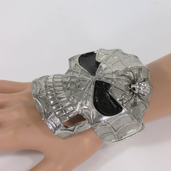 Silver Metal Cuff Bracelet Large Skull Rhinestones Spider Net Mask Skeletons - Halloween New Women Fashion Jewelry - alwaystyle4you - 1