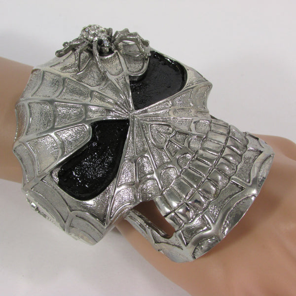 Silver Metal Cuff Bracelet Large Skull Rhinestones Spider Net Mask Skeletons - Halloween New Women Fashion Jewelry - alwaystyle4you - 4