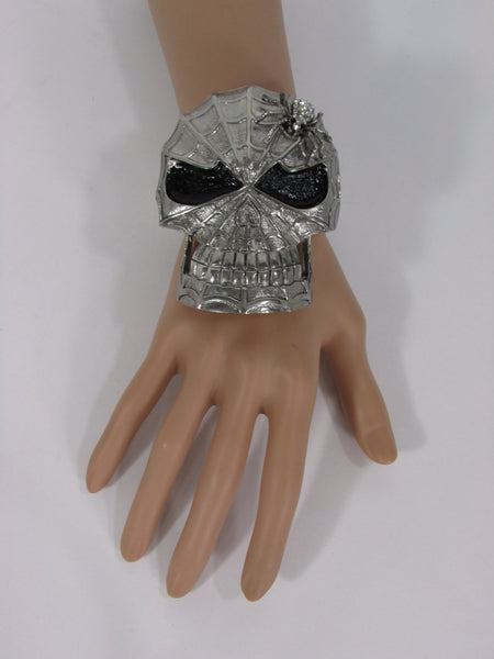 Silver Metal Cuff Bracelet Large Skull Rhinestones Spider Net Mask Skeletons - Halloween New Women Fashion Jewelry - alwaystyle4you - 2