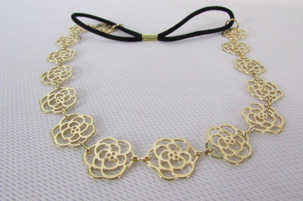 Brand New Women Gold Metal Flowers Chic Head Band Chain Fashion Jewelry Black Elastic Band - alwaystyle4you - 3
