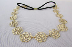Brand New Women Gold Metal Flowers Chic Head Band Chain Fashion Jewelry Black Elastic Band - alwaystyle4you - 3