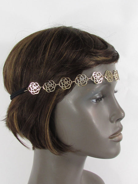 Brand New Women Gold Metal Flowers Chic Head Band Chain Fashion Jewelry Black Elastic Band - alwaystyle4you - 2