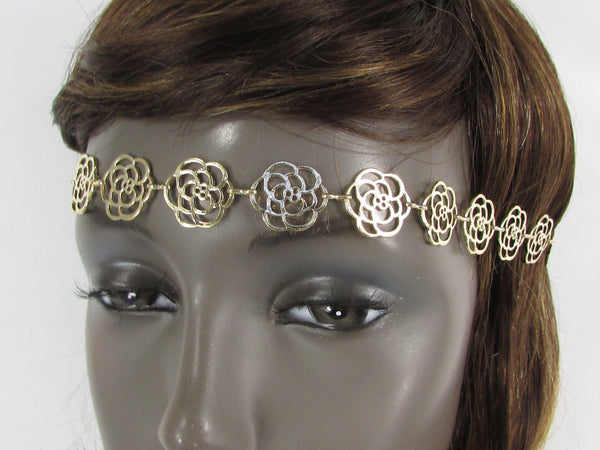 Gold Metal Head Band Chain Black Elastic Band Multi Flowers Women Fashion Jewelry Accessories