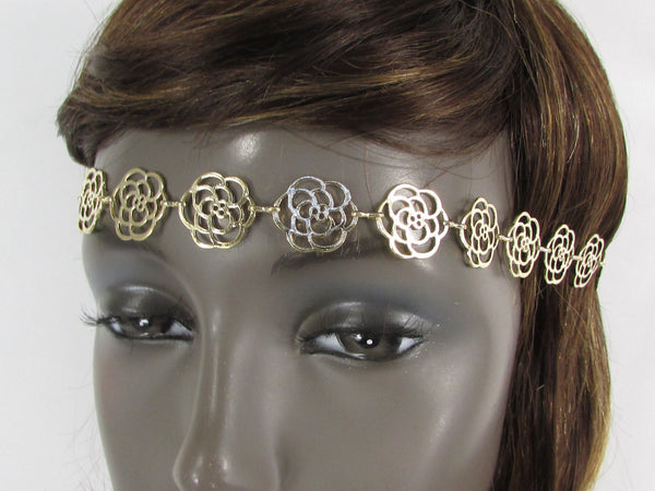 Brand New Women Gold Metal Flowers Chic Head Band Chain Fashion Jewelry Black Elastic Band - alwaystyle4you - 1