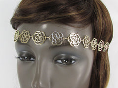 Brand Women Gold Metal Flowers Chic Head Band Chain Fashion Jewelry Black Elastic Band - alwaystyle4you - 1