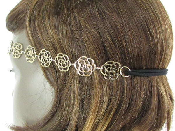 Brand New Women Gold Metal Flowers Chic Head Band Chain Fashion Jewelry Black Elastic Band - alwaystyle4you - 5