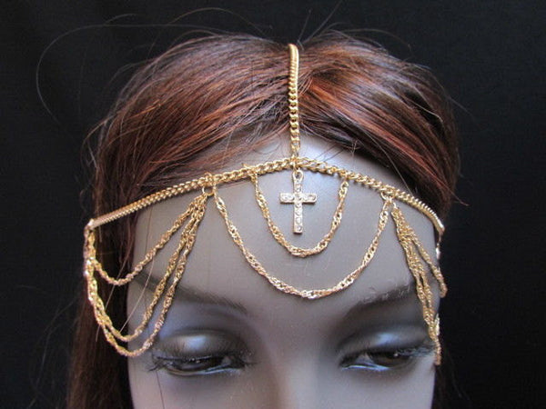 One Size Brand New Women Gold Cross Metal Wave Head Chain Fashion Hair Piece Jewelry Rhinestone - alwaystyle4you - 5