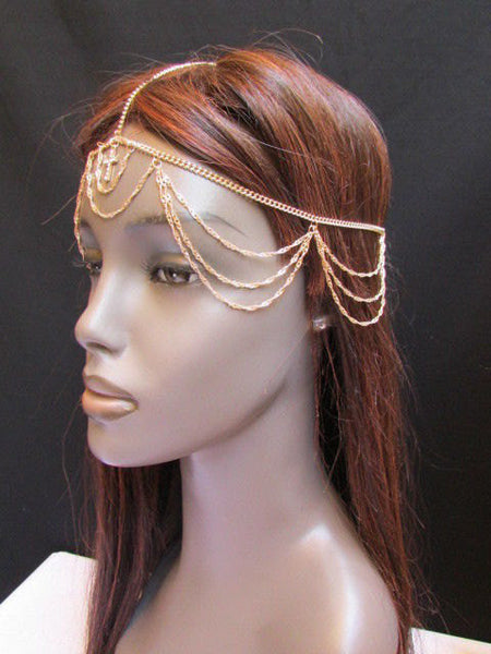 One Size Brand New Women Gold Cross Metal Wave Head Chain Fashion Hair Piece Jewelry Rhinestone - alwaystyle4you - 2