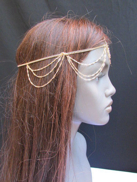 One Size Brand New Women Gold Cross Metal Wave Head Chain Fashion Hair Piece Jewelry Rhinestone - alwaystyle4you - 4