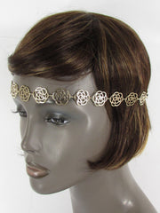 Brand New Women Gold Metal Flowers Chic Head Band Chain Fashion Jewelry Black Elastic Band - alwaystyle4you - 4